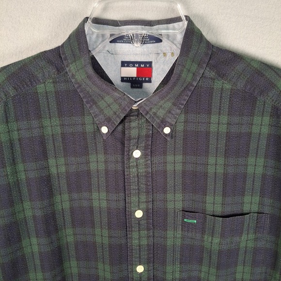 Tommy Hilfiger Other - VTG 90s Tommy Hilfiger Seersucker Plaid Shirt Men L Green Navy Blue Blackwatch